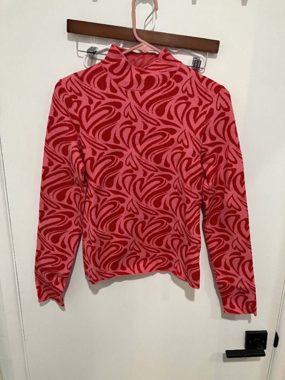NA-KD Women's Heart Print Knitted Turtleneck Top, Red/Pink, Size XXL